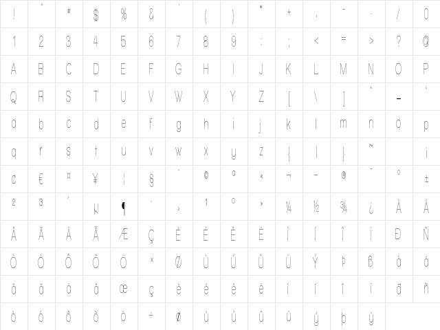 Walkway UltraCondensed Regular  glyph index
