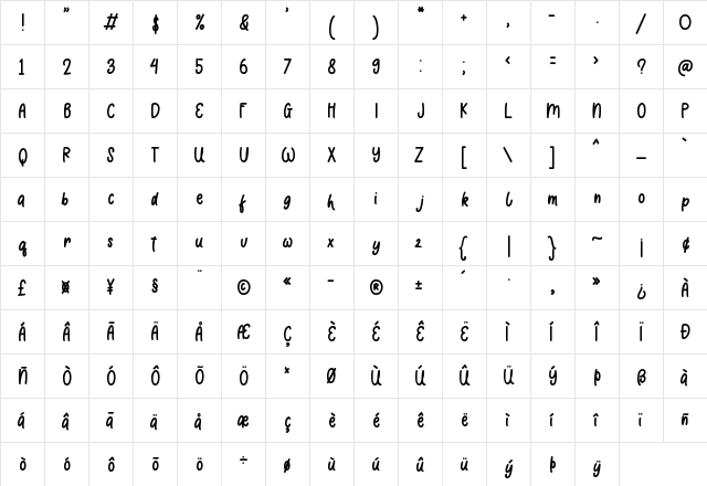 Comic Boys Regular  glyph index