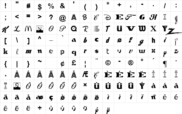 Kidnapped Brand X Regular  glyph index