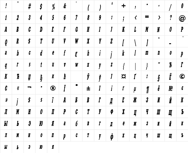 XeniaWesternCTT Italic  glyph index