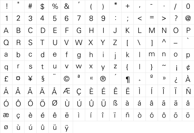 Frontenac-Light-Normal Regular  glyph index