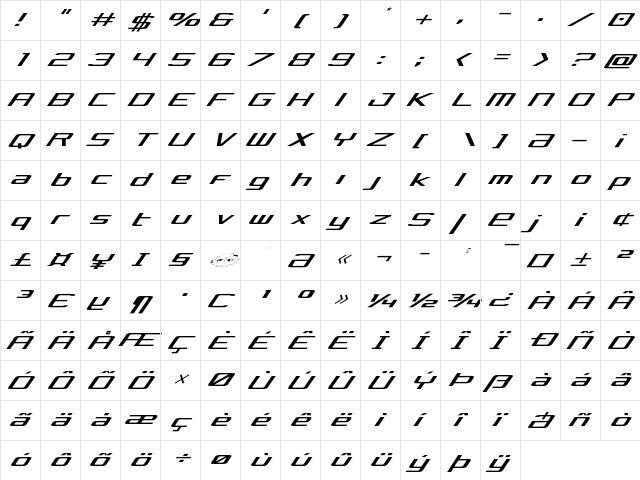 Concielian Light Italic Light Italic  glyph index