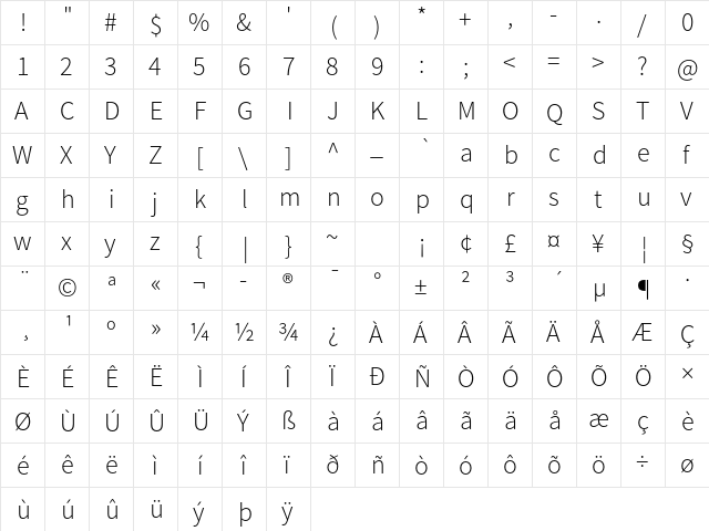 Source Sans Pro Light Regular  glyph index