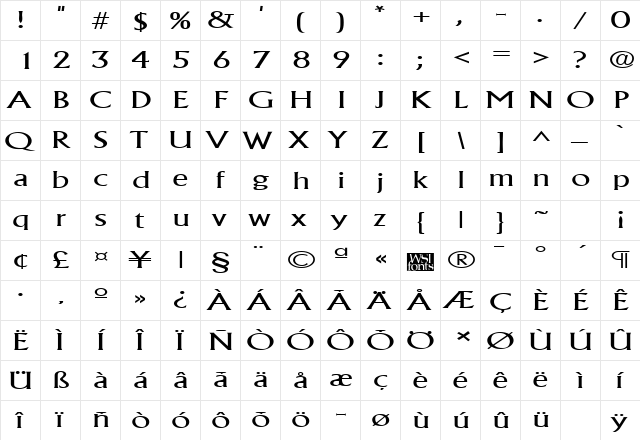 AlbertaWideLight Regular  glyph index