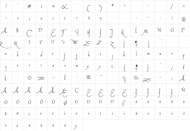 Tagliente Regular  glyph index