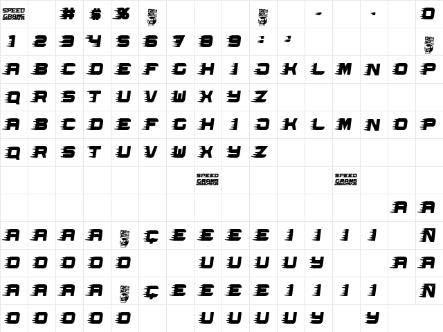 Speed Grams Regular  glyph index