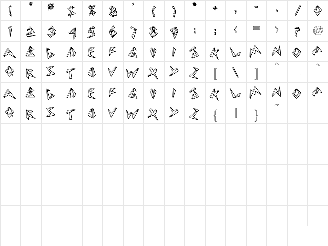 BeeBopp Hollow Regular  glyph index