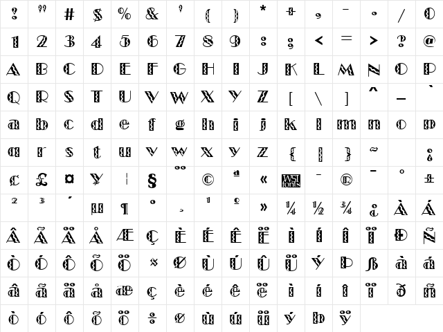 MarqueeFlash Regular  glyph index
