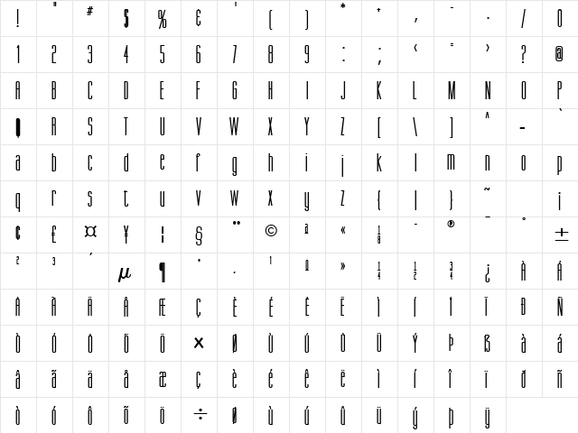 Gorgio Extended Bold  glyph index