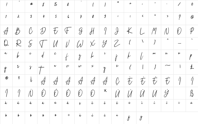 Zalitta Regular  glyph index