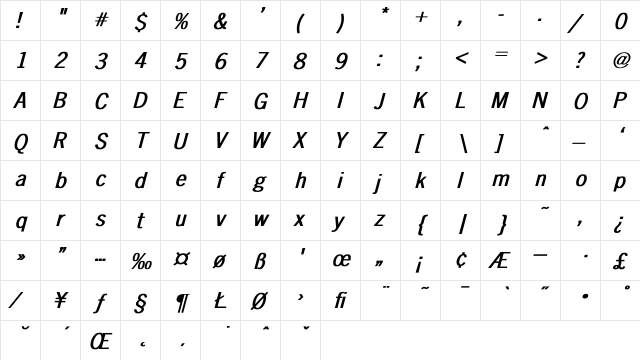 Ice'n-Gothic Bold Italic Regular  glyph index