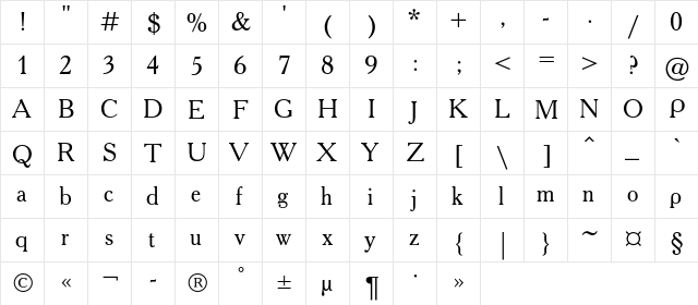 AcademyC Regular  glyph index