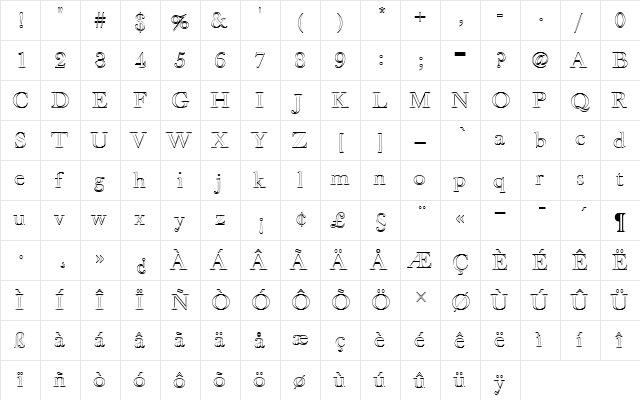 Baskerville Old Face D Ou1 Regular  glyph index