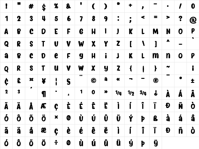 Myfrida Bold  glyph index