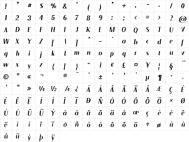 Floane Bold Italic  glyph index