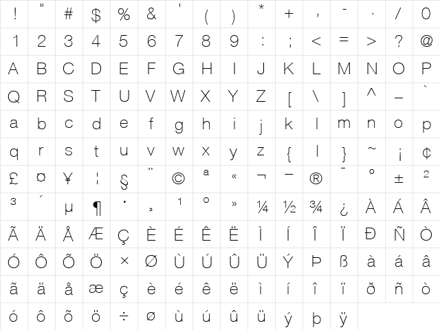 HelveticaNeue Thin  glyph index