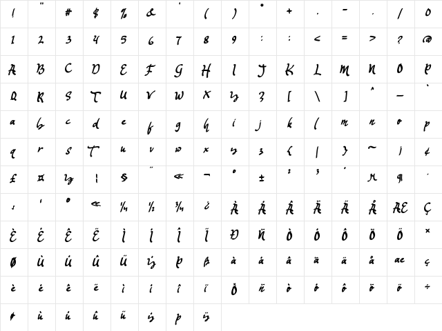 Mustango Regular  glyph index