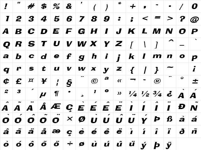 Alor Narrow Wide BoldItalic  glyph index