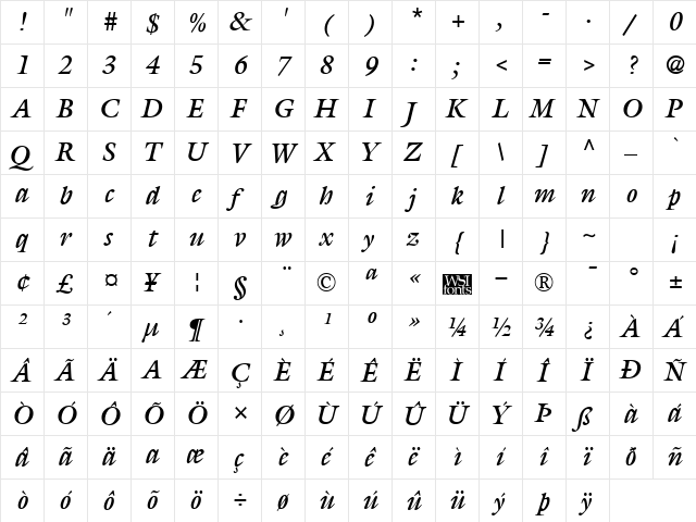 Gilliad Regular  glyph index