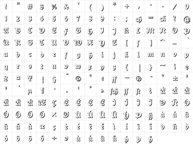 Ballade Shadow Regular  glyph index