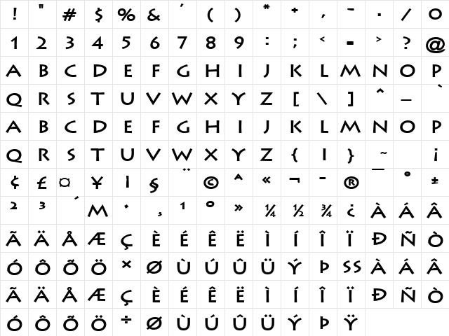 Liste Wide Bold  glyph index