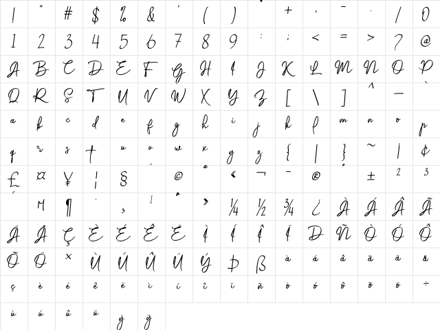 Gabrietha Demo Regular  glyph index