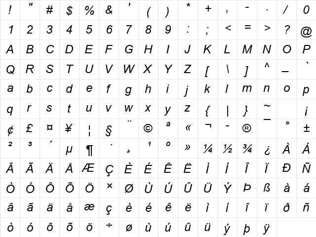 Arial Italic  glyph index
