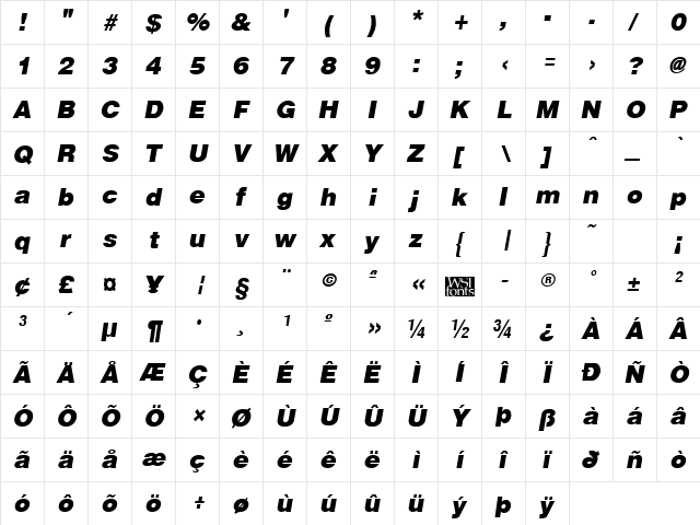 ArenaBlack Italic  glyph index