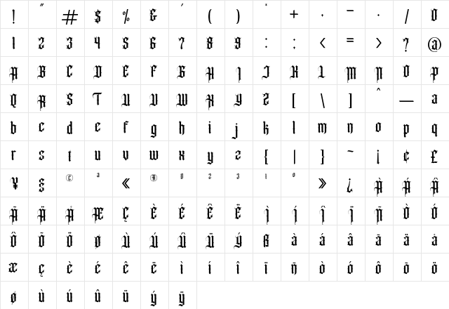 Angel wish Regular  glyph index