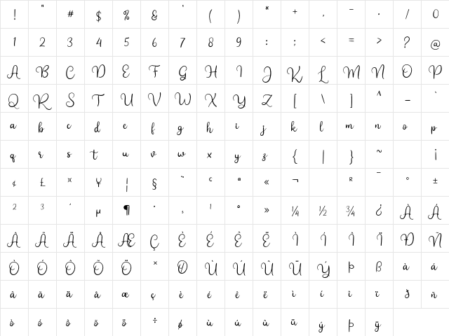 Bright Star Dafont Regular  glyph index