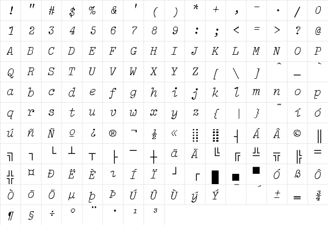 LightItalic-Lig Regular  glyph index