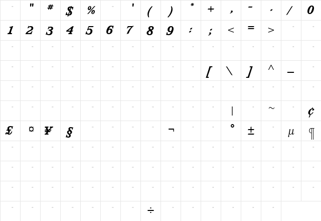 WaverlyExtraBoldItalicTab Roman  glyph index