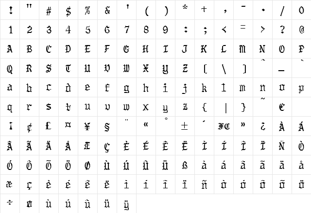Lohengrin Regular  glyph index