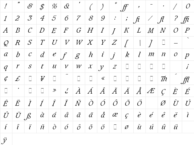 Caxton Light Italic LET Plain  glyph index