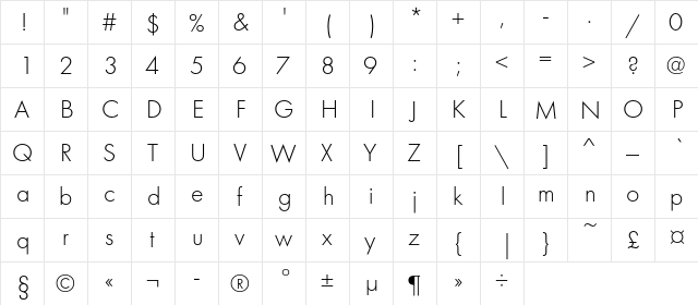 FuturaLightC Regular  glyph index