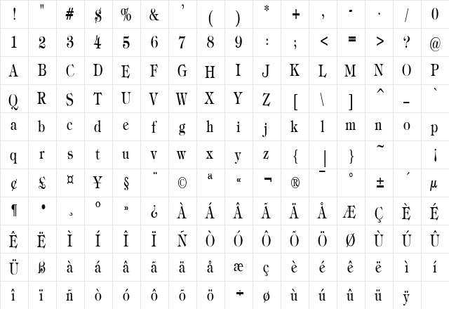 JewelCondensed Regular  glyph index