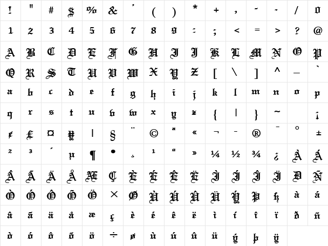 England Bold  glyph index