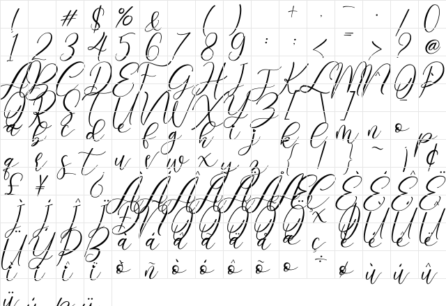 Angelia Regular  glyph index