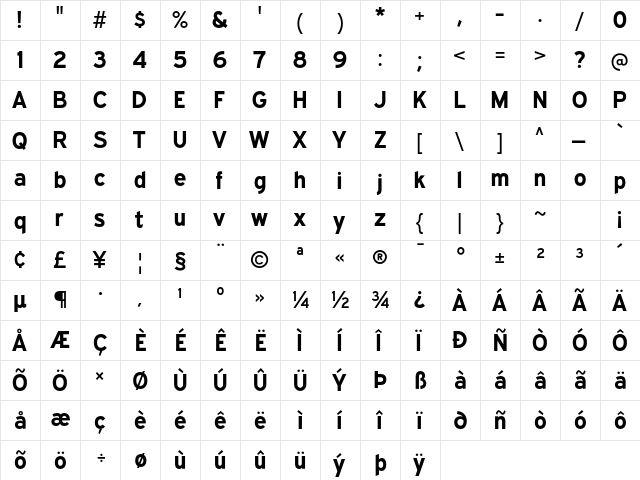 Expressway Rg Bold  glyph index