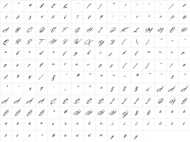 Winne Vinne Italic Regular  glyph index