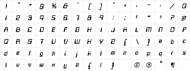 TechSchool Oblique  glyph index