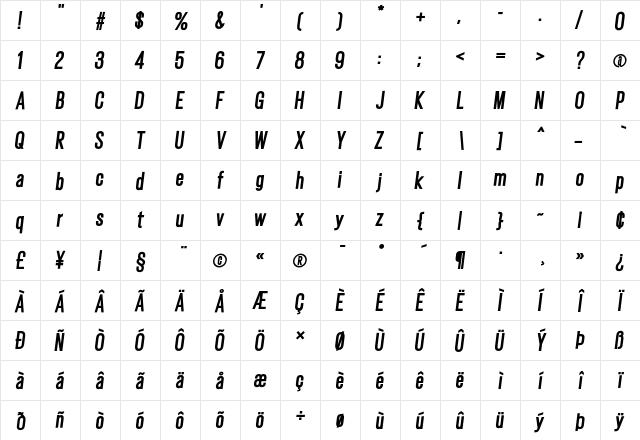 Gatty Extra Bold Italic  glyph index