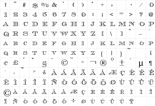 ChevaraOutline Normal  glyph index