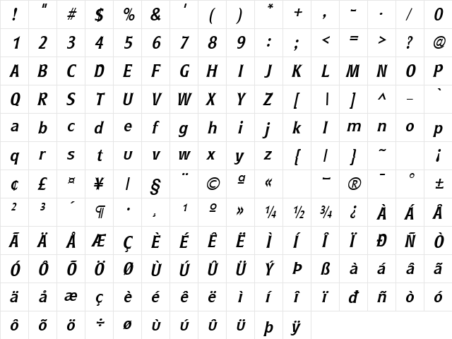 GE Rythyms Bold Italic  glyph index