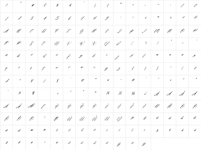 Rayanne Italic Regular  glyph index