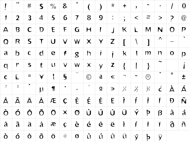 Omaha Thin Regular  glyph index