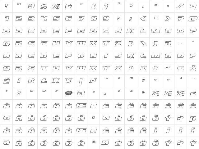 Dekaranger Outline Italic Italic  glyph index