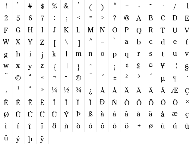 ITC Cheltenham Std Book  glyph index