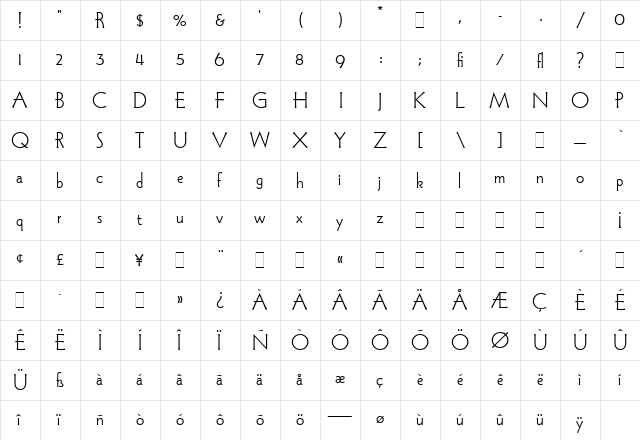 WadeSansLightPlain Regular  glyph index