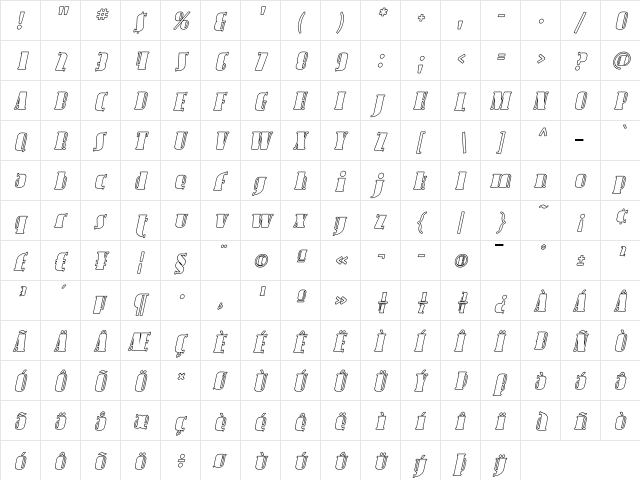 Avondale Outline Italic  glyph index